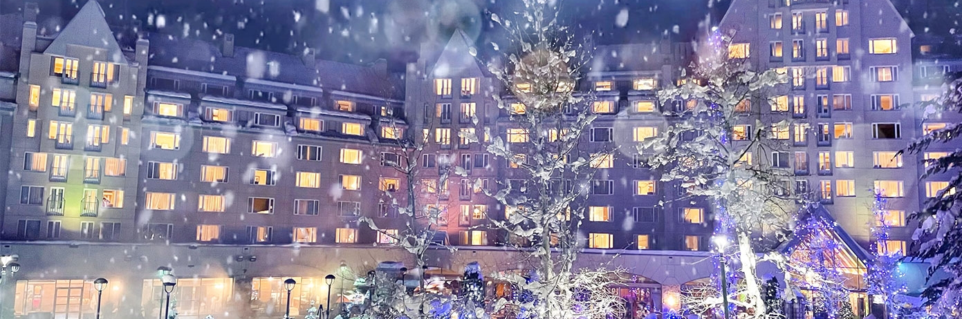 A View of the Hotel during a Festive Season in Whistler