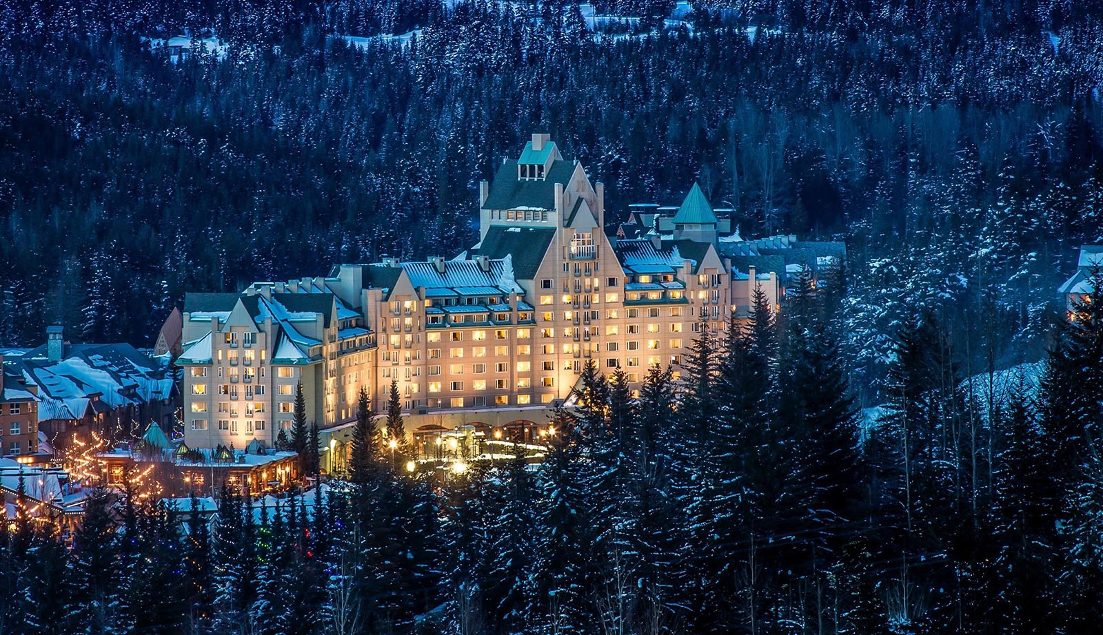 shot of Fairmont Chateau Whistler at night