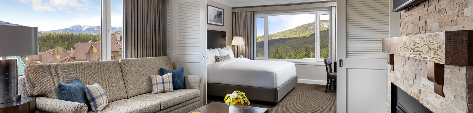 living room with large window with mountain view