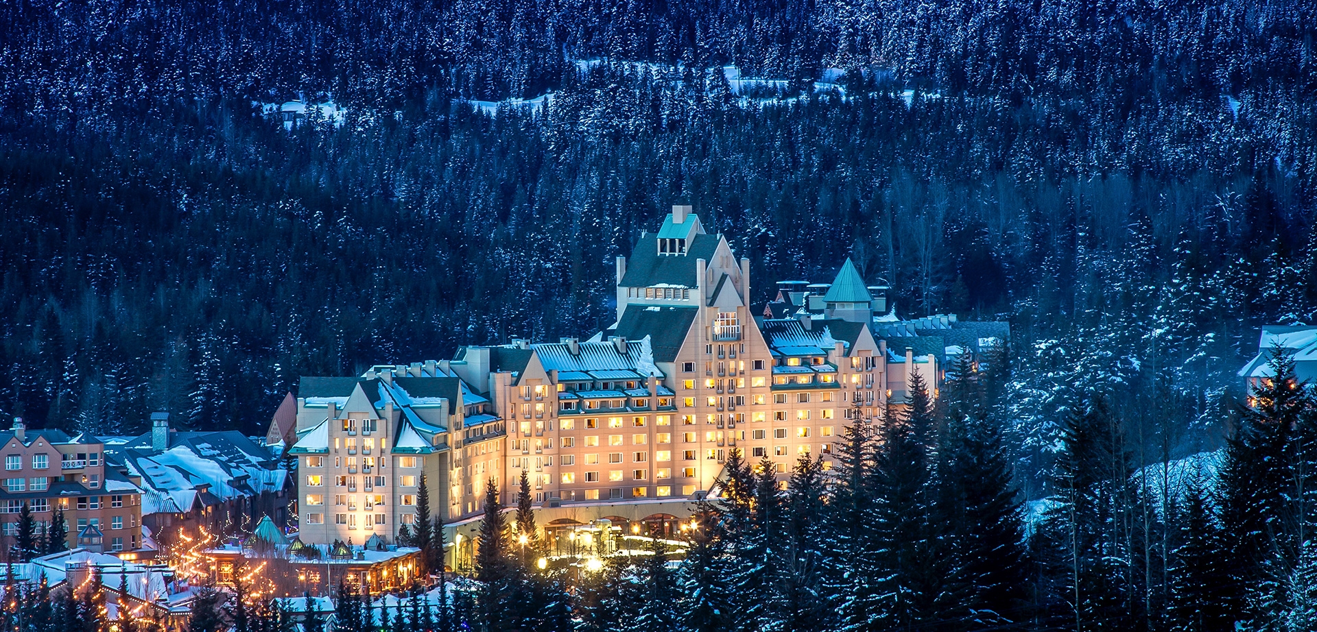 Scenic shot of Fairmont Chateau Whistler at night