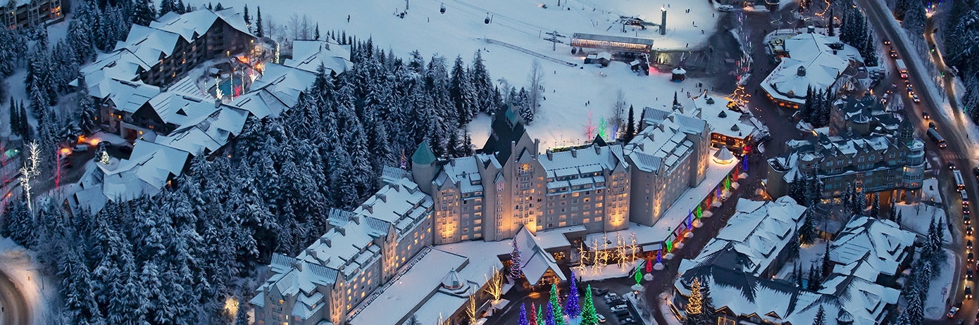 Aerial shot of the Fairmont Chateau Whistler at night