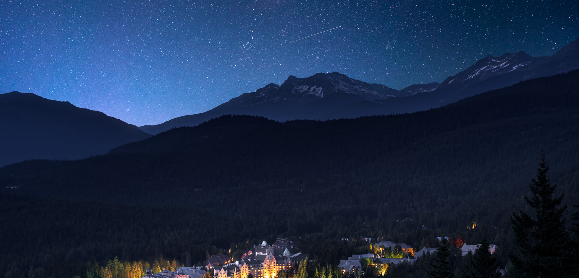 aerial of chateau whistler at night