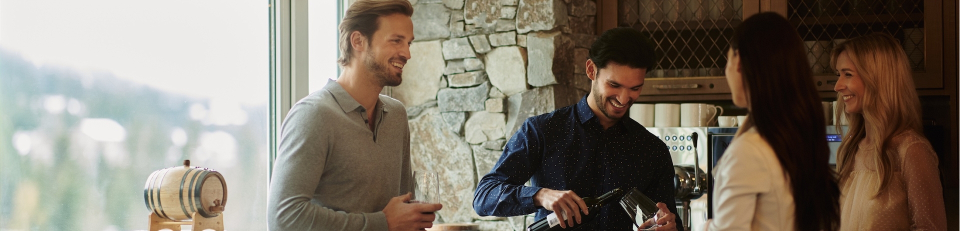 group of friends drinking wine in the lounge