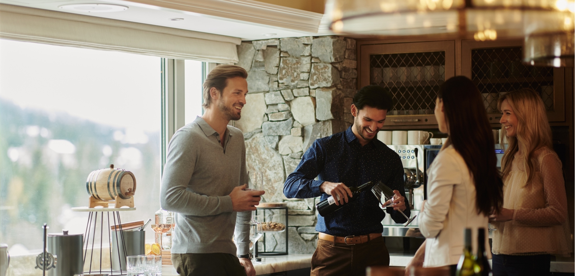 group of friends drinking wine in the lounge