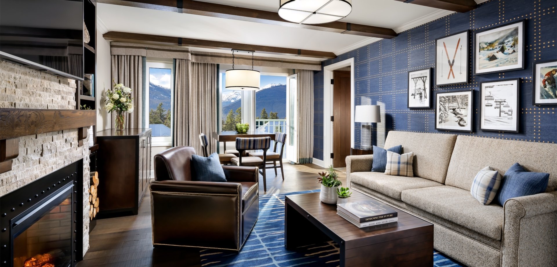 living room with blue walls and rug