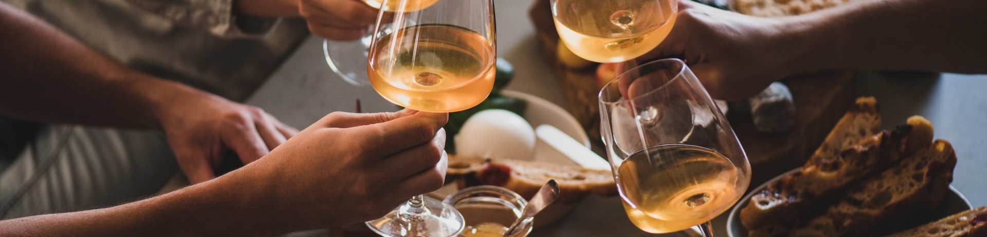 wine glass cheers over appetizers