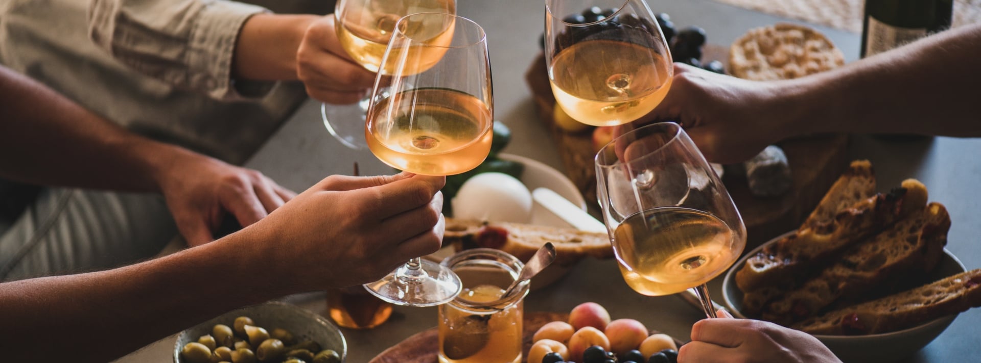 wine glass cheers over appetizers