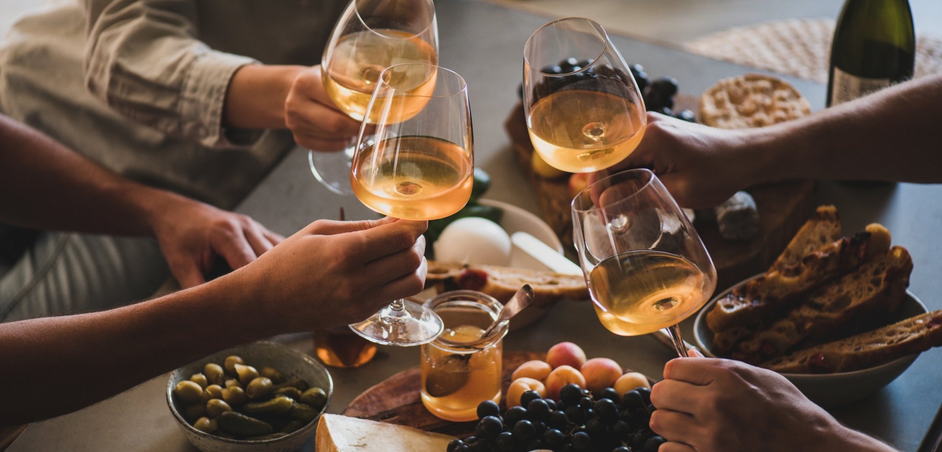 wine glass cheers over appetizers