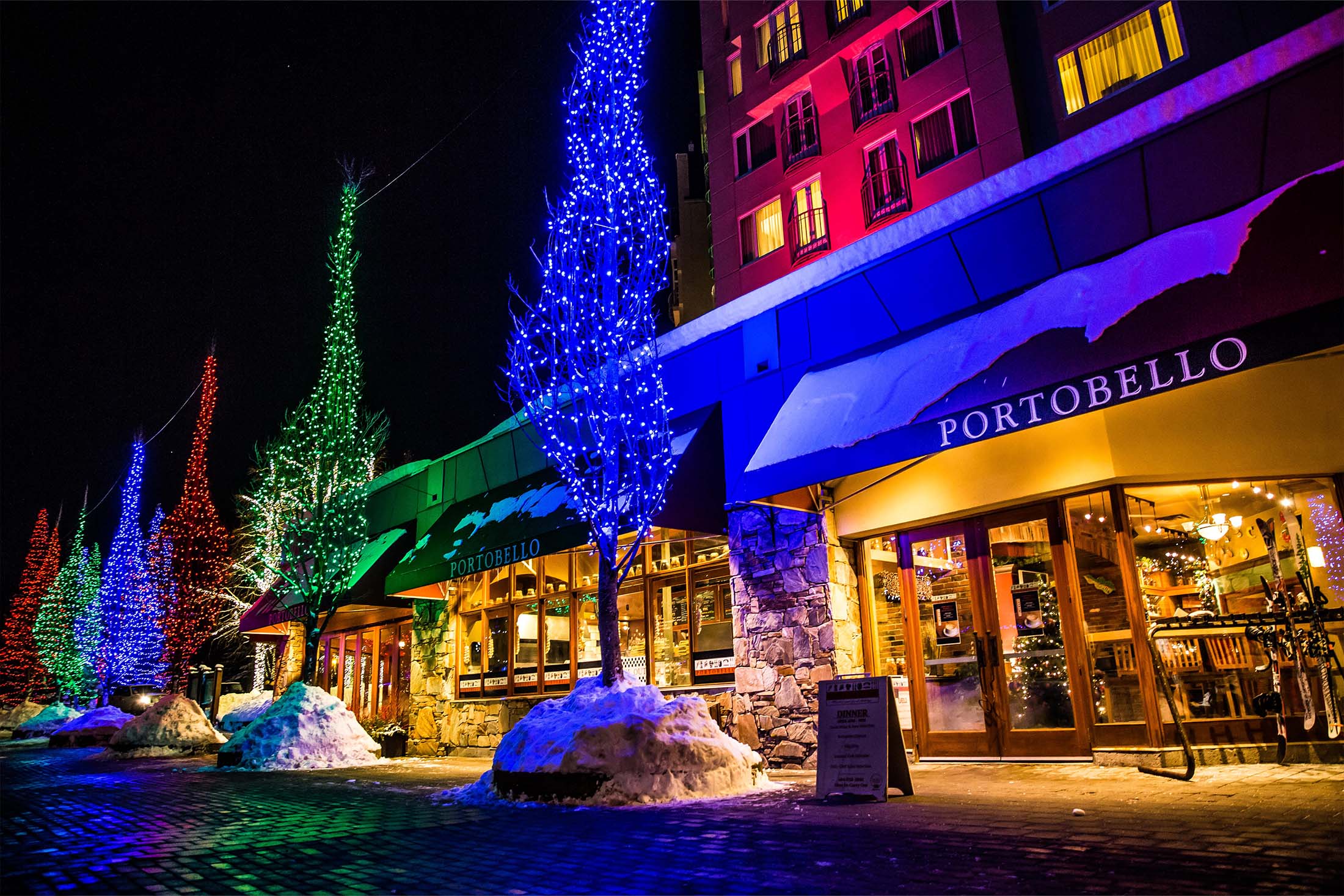 Christmas lights in front of Portobello Restaurant.