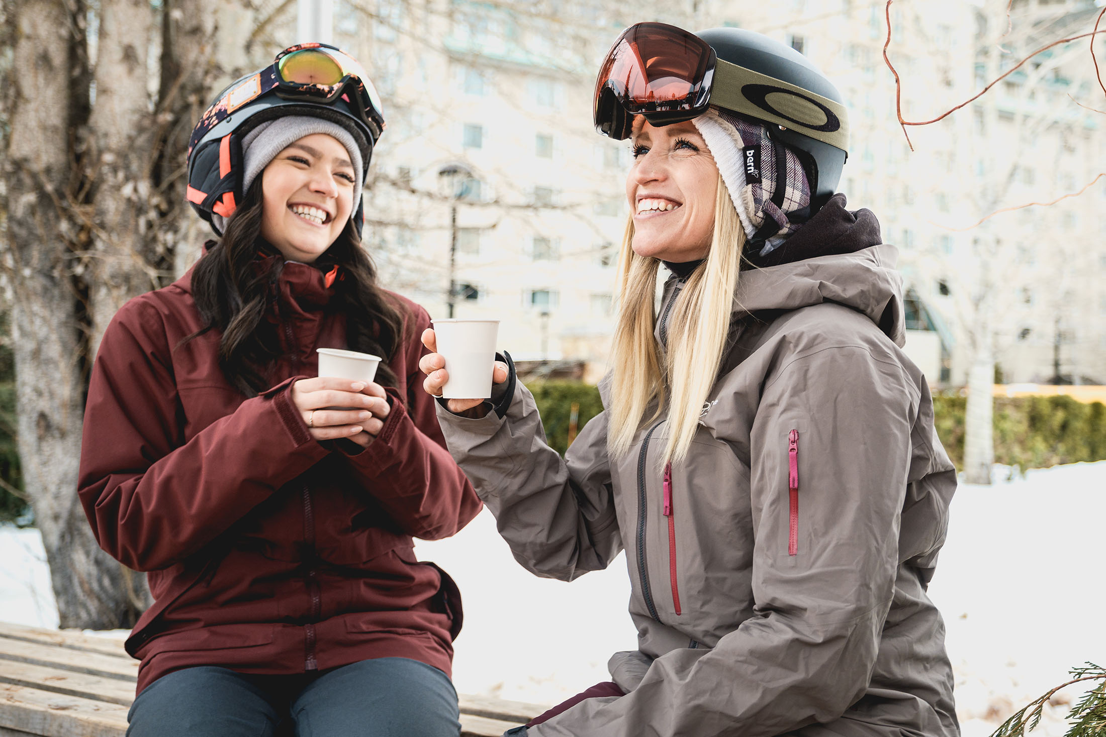 Girls having hot chocolate at the ski valet.