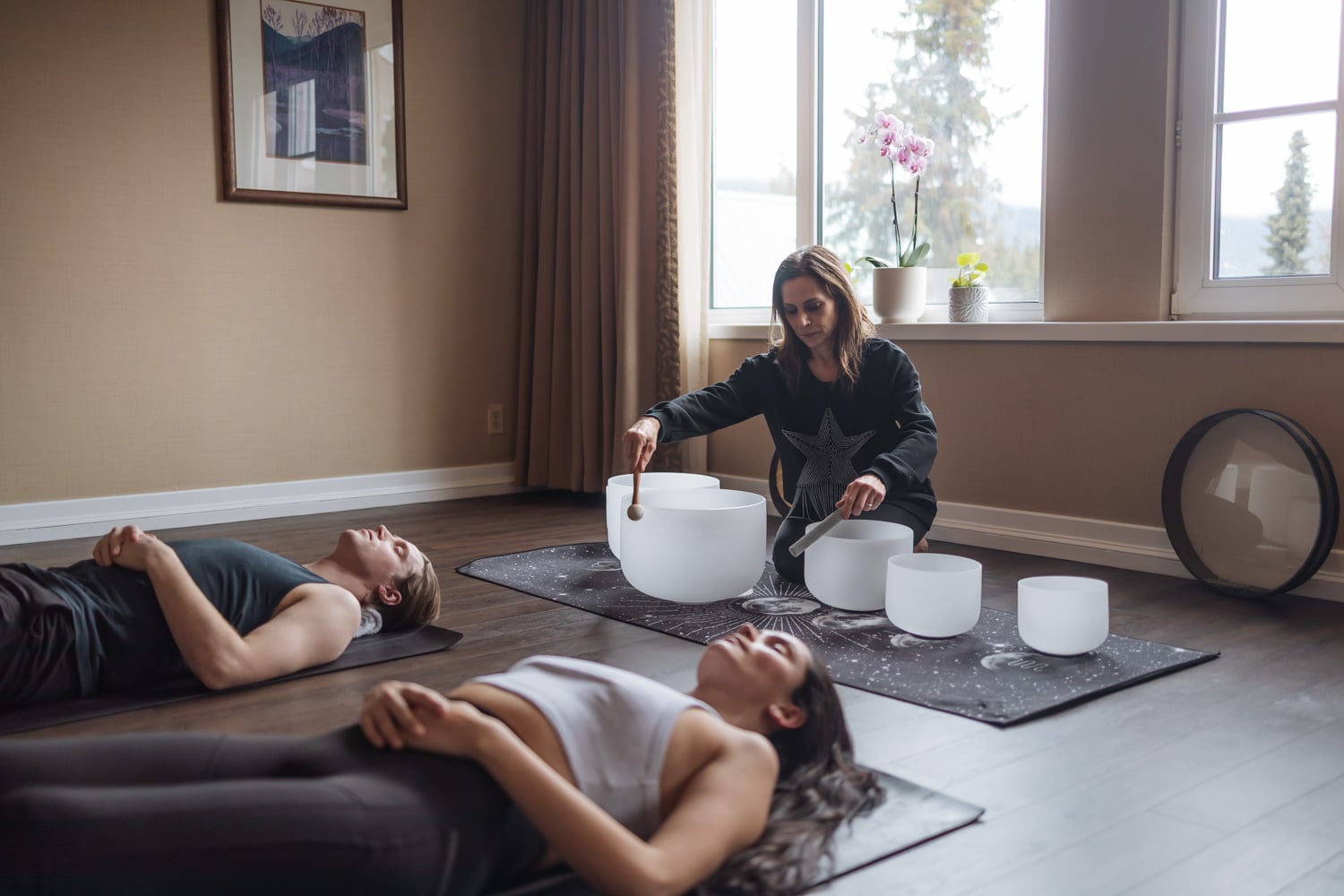 crystal sound bathing class at fairmont chateau whistler yoga suite