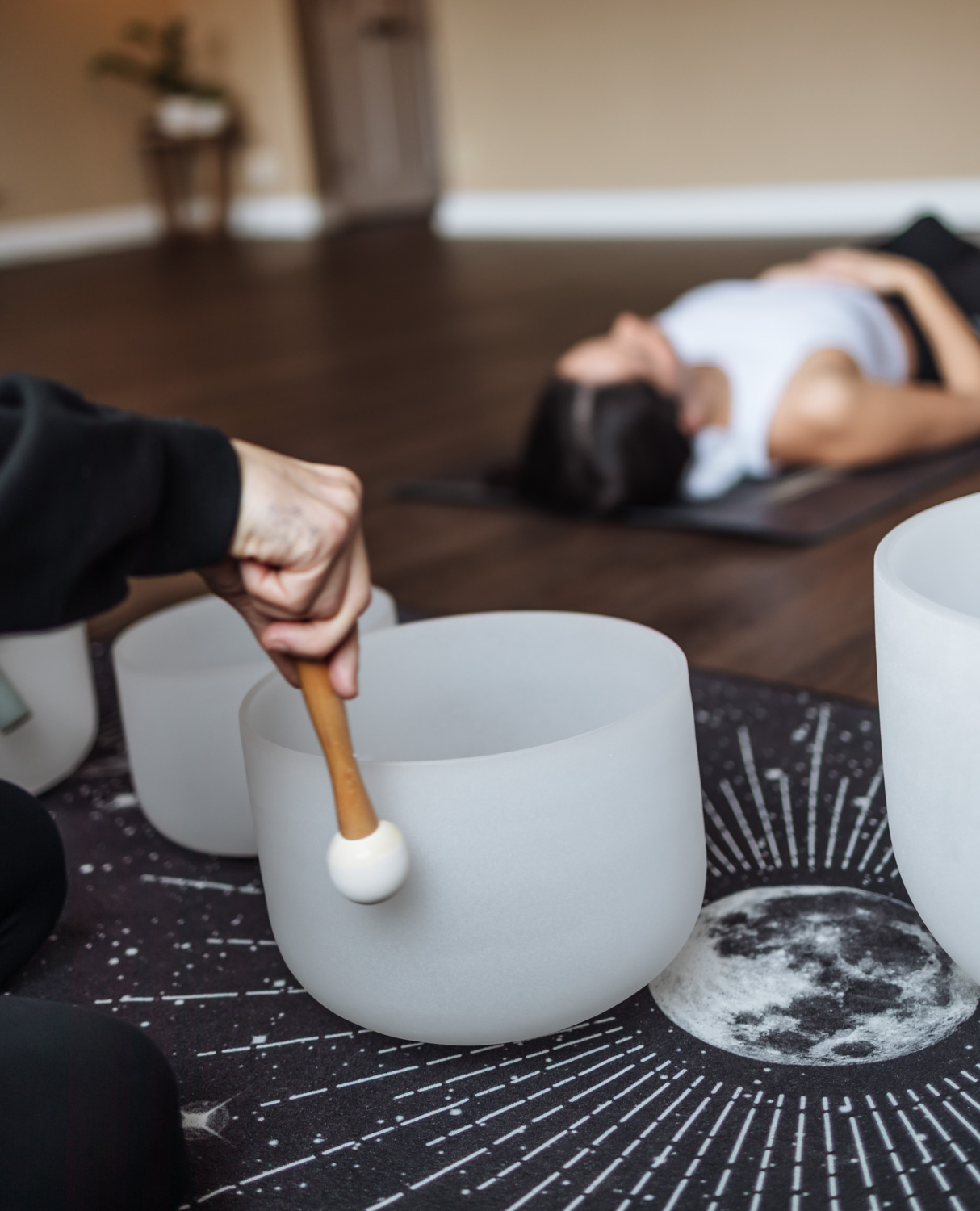 crystal sound bathing class at fairmont chateau whistler yoga suite