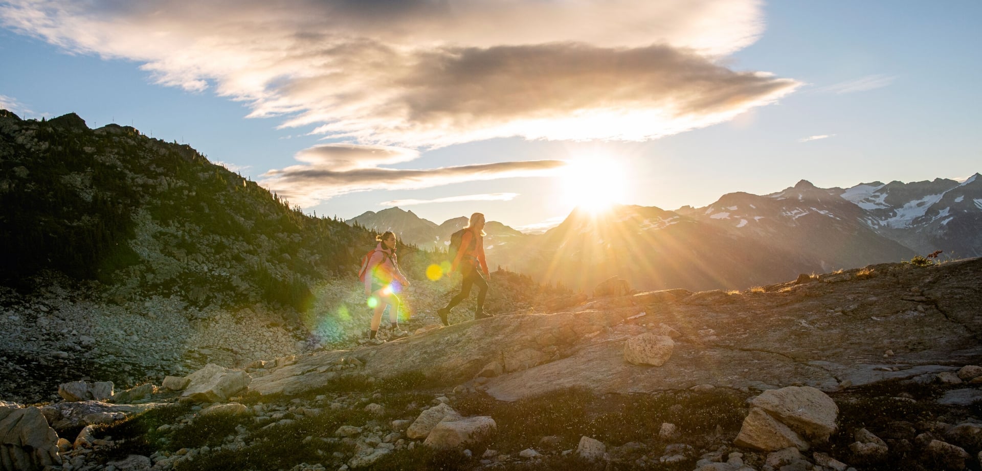 hiking whistler blackcomb sunset two friends summerc