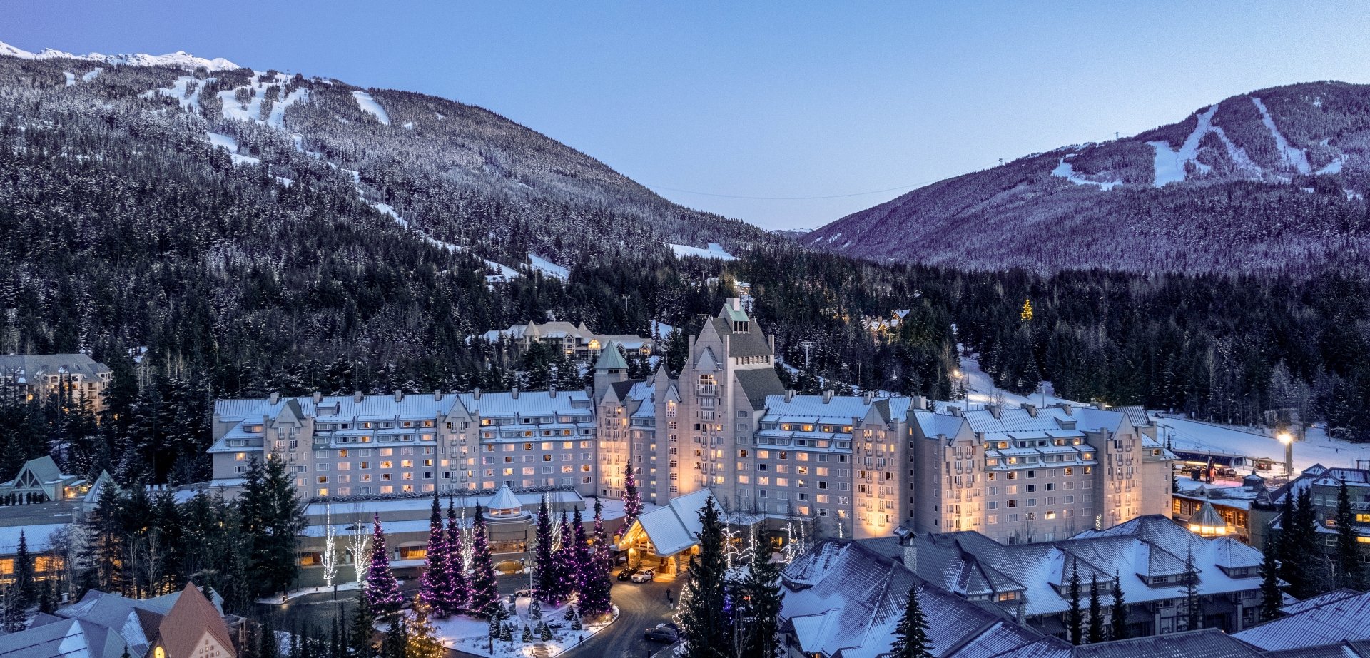Fairmont Chateau Whistler at dusk in the Winter