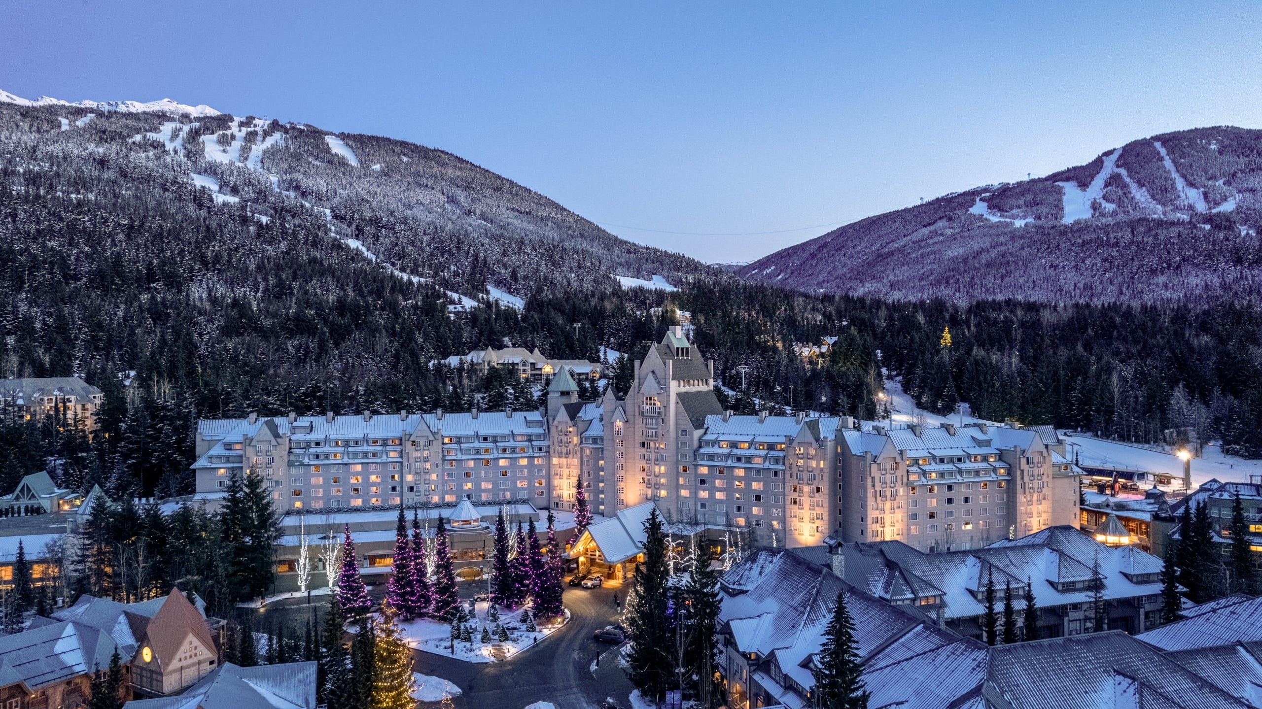 Fairmont Chateau Whistler at dusk in the Winter