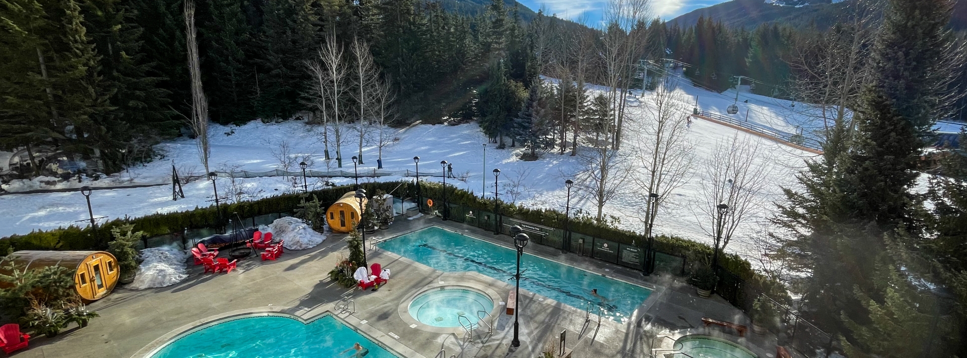 View to pools and slopes from Fairmont Chateau Whistler